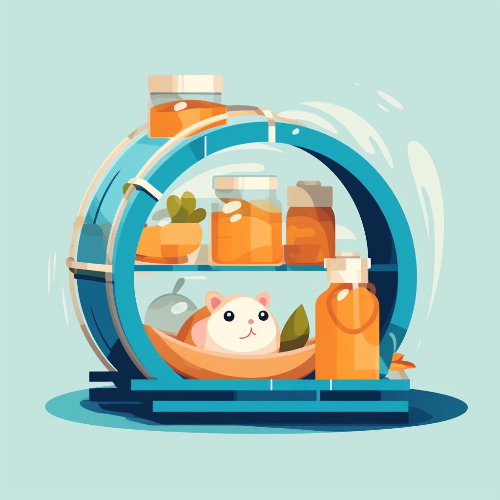 A hamster cage equipped with a water bottle, food dish, hideout, and running wheel