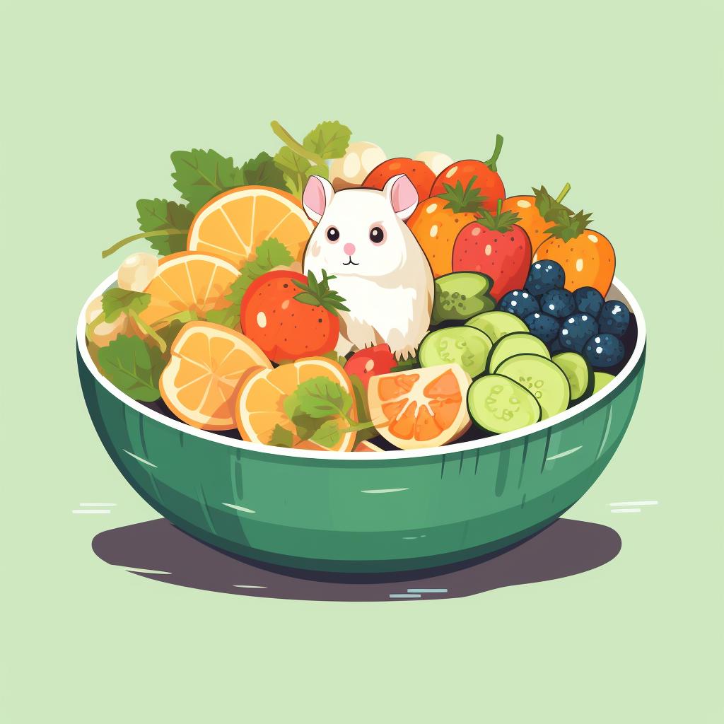 A bowl of commercial hamster food supplemented with fresh fruits and vegetables