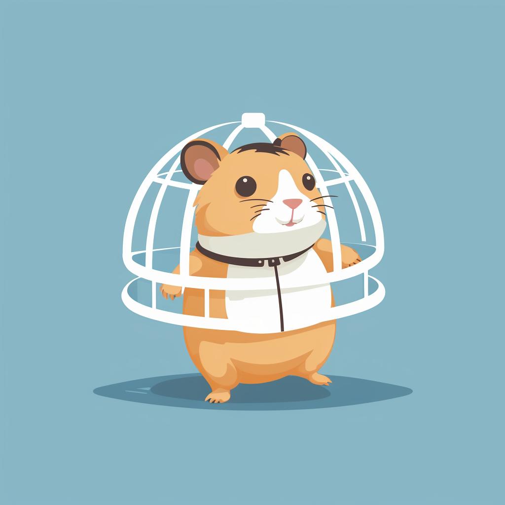 A hamster in an outfit, moving freely around a cage