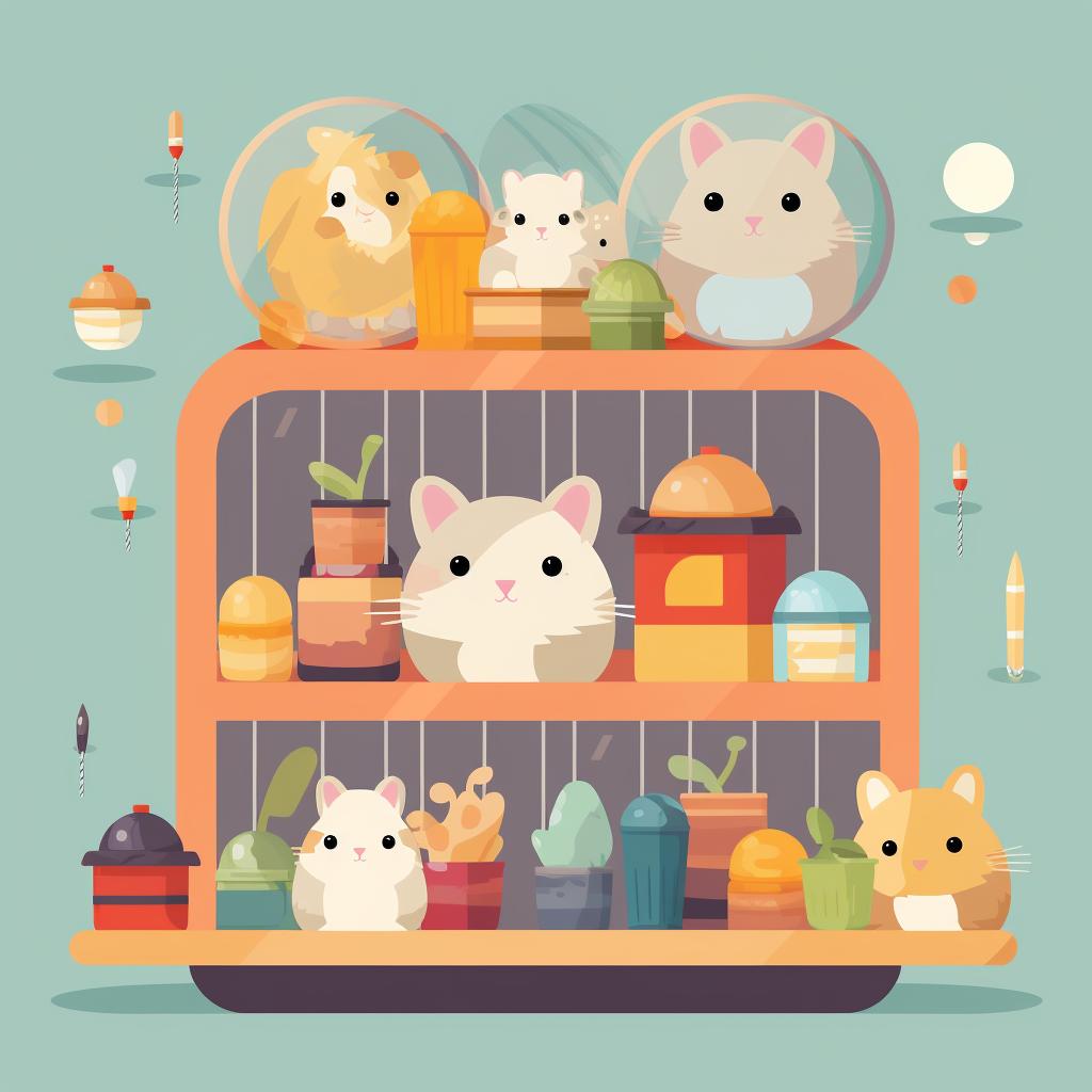 Hamster cage filled with various toys